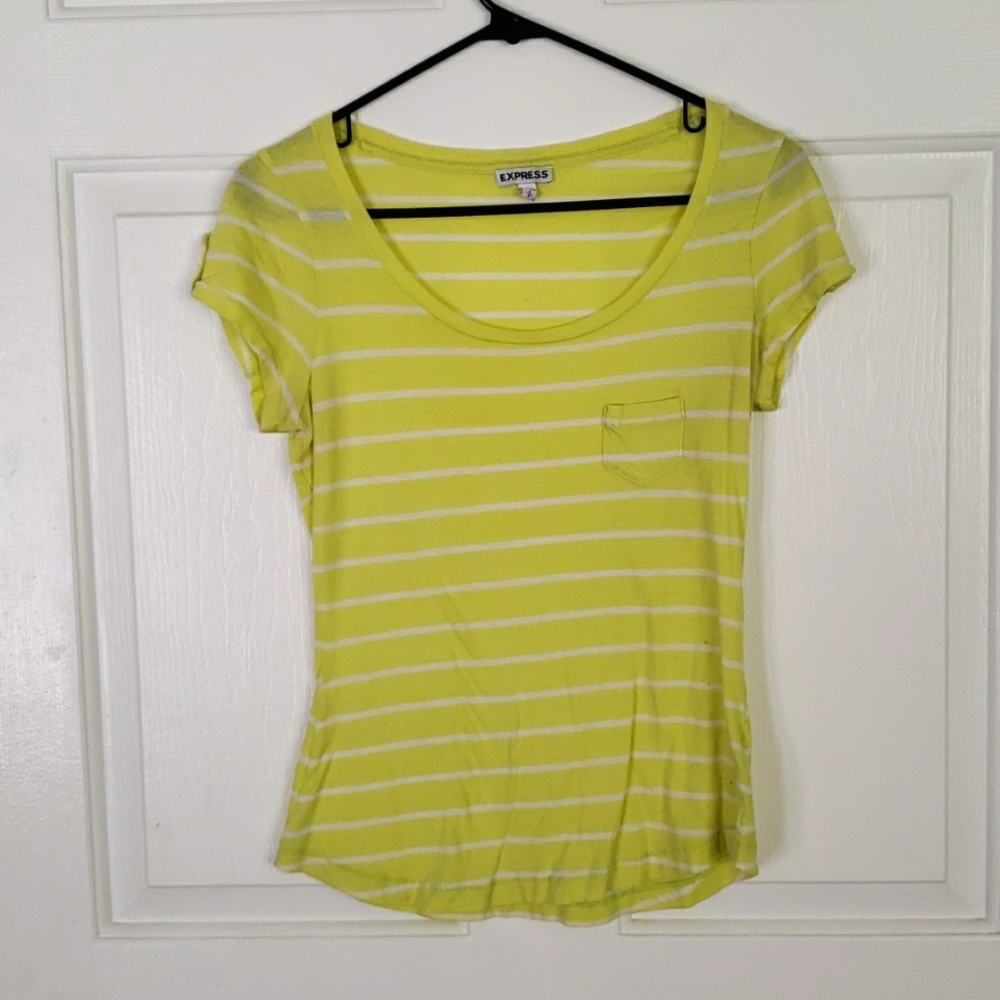 Express light yellow and white strip tee with pocket,  size small